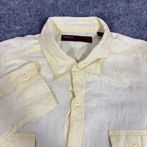 Perry Ellis Linen Button Down Guayabera Style Mens XL Yellow 100% Linen EUC